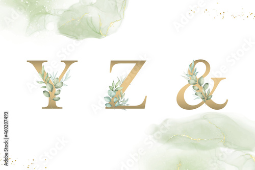 Watercolor floral alphabet set of y, z, and with hand drawn Foliage