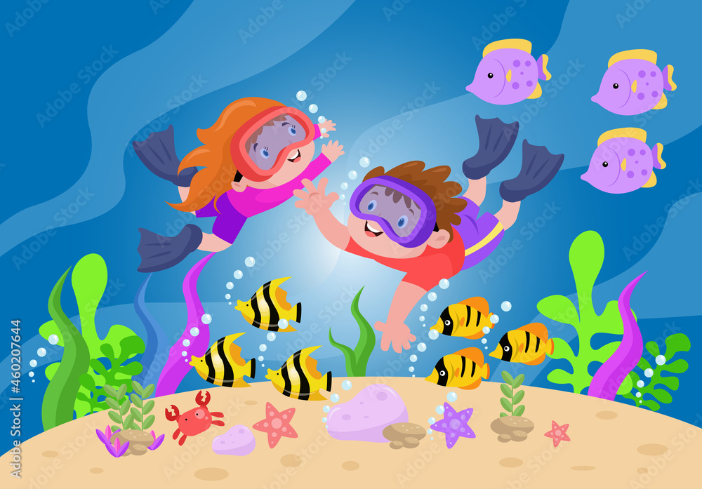 Diving Under Sea - Kids Illustration Diving Under Sea - Kids Illustration