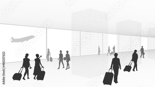 Travelers passing through airport terminal.