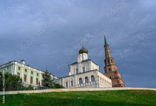 View of the Syuyumbike Tower, the Palace (Vvedenskaya) Church and a fragment of the Presidential Palace of the ancient Kremlin in Kazan, Russia photo