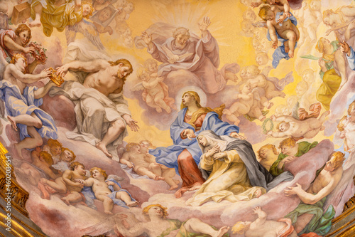 ROME, ITALY - SEPTEMBER 2, 2021: The fresco Glory of St. Catherine of Siena in the side chapel of church Basilica di Santa Sabina by Giovani Battista Contini (1671).