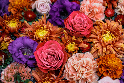 Fototapeta Naklejka Na Ścianę i Meble -  Floral background with vintage style colors. Roses, carnations, lisianthus.