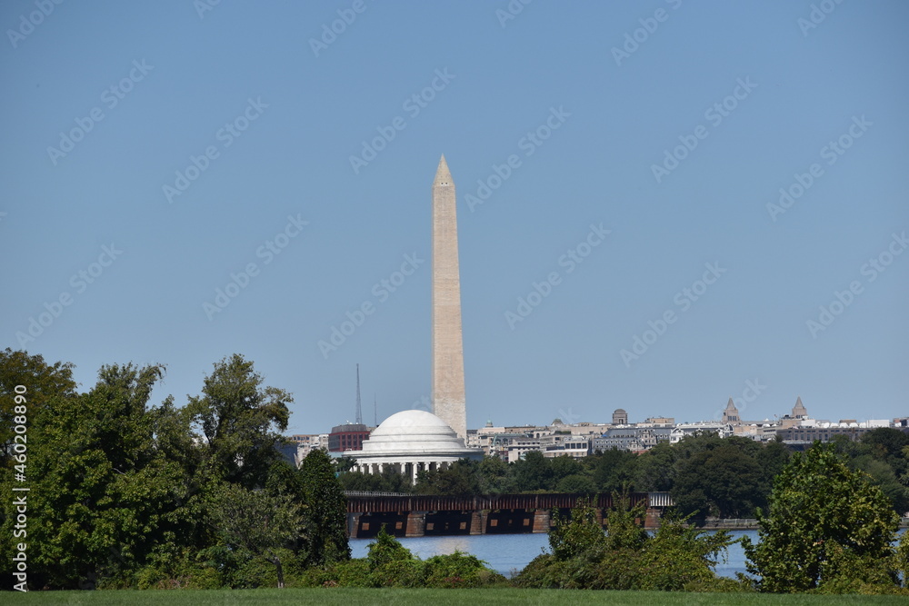 Washington, DC, USA - September 29, 2021: Jefferson Memorial and Washington Monument as Viewed from Gravelly Point Park in Arlington, VA on a Clear Day