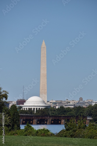 Washington, DC, USA - September 29, 2021: Jefferson Memorial and Washington Monument as Viewed from Gravelly Point Park in Arlington, VA on a Clear Day