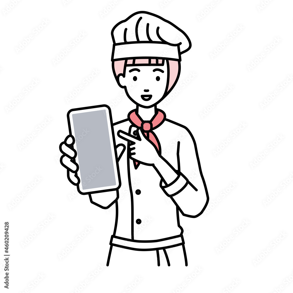 立ってスマートフォンを指差してこちらに向けて見せている調理師の女性
