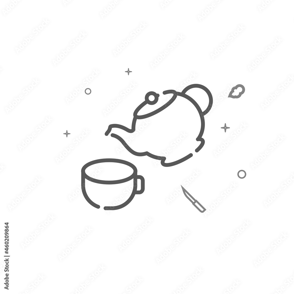 Teapot pours tea in cup simple vector line icon. Kitchenware related sign isolated on white background. Editable stroke Teapot pours tea in cup simple vector line icon. Kitchenware related sign isolated on white background. Editable stroke