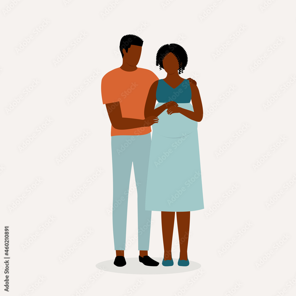 Fototapeta premium Portrait Of Black Husband Hugging His Pregnant Wife.