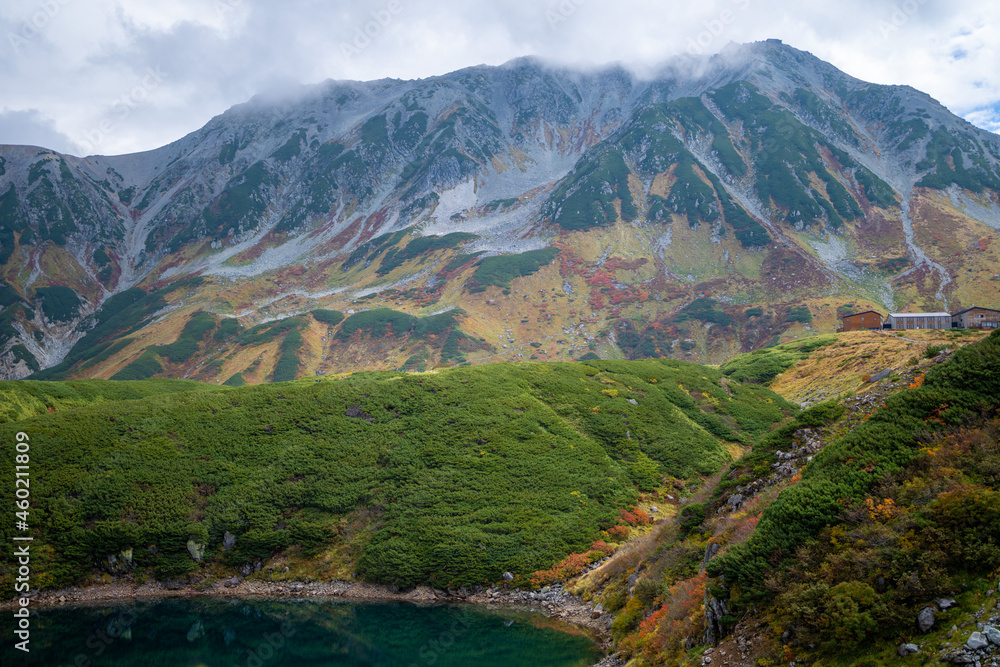 Naklejka premium 富山県立山町の立山にあるみくりが池周辺の秋の紅葉の季節の風景 Scenery of autumn leaves around Mikurigaike Pond in Tateyama, Tateyama Town, Toyama Prefecture, Japan. 