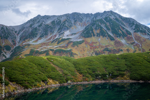                                                                                            Scenery of autumn leaves around Mikurigaike Pond in Tateyama  Tateyama Town  Toyama Prefecture  Japan. 