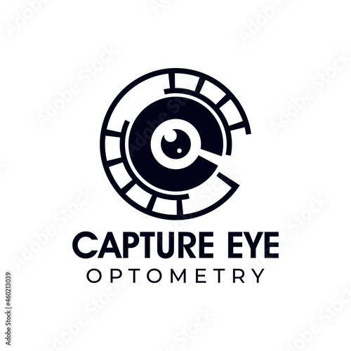 capture eye optometry logo, vector abstract eyeball combine with movie cliche