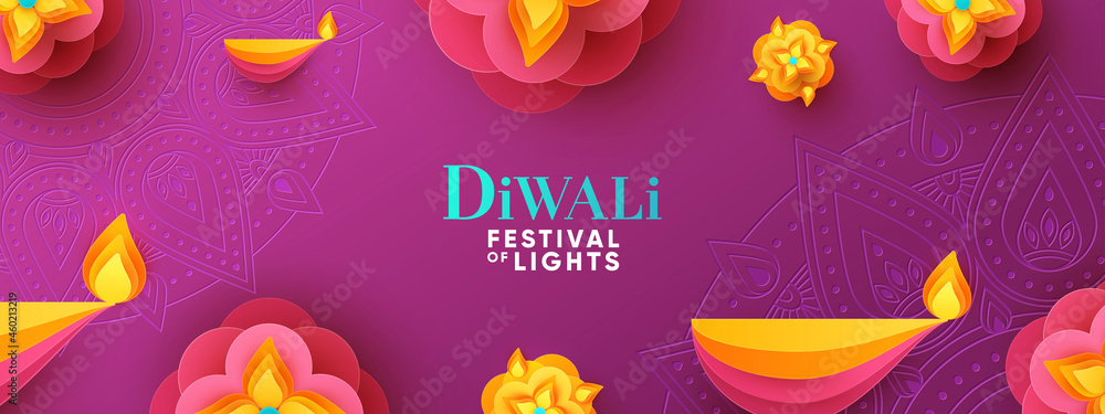 Diwali Hindu festival greeting design in paper cut style with oil lamps and beautiful bright flower of lights. Holiday background for branding greeting card, banner, cover, flyer or poster - obrazy, fototapety, plakaty 