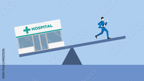 Work life balance concept. Work and health unbalance of businessman run away from the hospital on an imbalanced seesaw. Comparison lifestyle between health care and work hard for financial business.