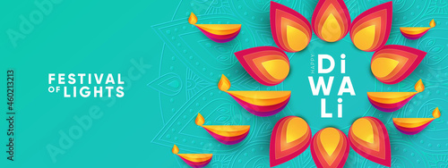 Diwali Hindu festival greeting design in paper cut style with oil lamps and beautiful bright flower of lights. Holiday background for branding greeting card, banner, cover, flyer or poster