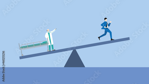 Work life balance concept. Work and health unbalance of businessman run away from doctor and hospital's bed on an imbalanced seesaw. Business lifestyle between health care and work hard for financial.