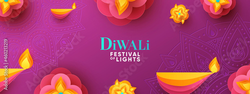 Diwali Hindu festival greeting design in paper cut style with oil lamps and beautiful bright flower of lights. Holiday background for branding greeting card, banner, cover, flyer or poster