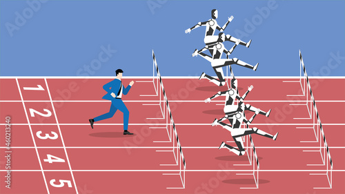 Keep up with the latest technology concept. The faster robots jumping overcome obstacles by running faster, better start and automation system. The loser businessman is slower and out of date people.