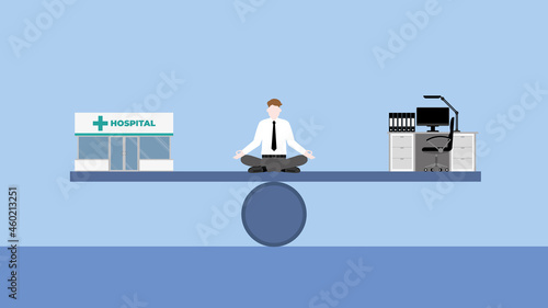 Work life balance concept. Meditation businessman sitting cross-legged at center of seesaw between a doctor with hospital and working desk. A balanced business lifestyle of health care and work hard.