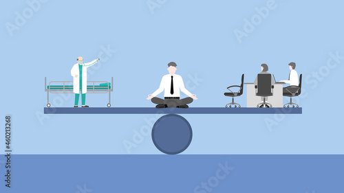 Work life balance concept. Meditation businessman sits and thinks at the center of seesaw between a doctor with a hospital bed and office meeting. A business lifestyle of health care and work hard.