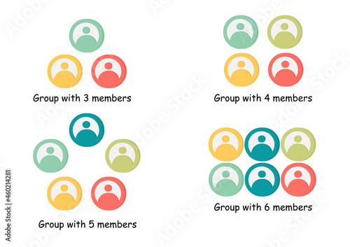 workgroup icon set with one group having 3 , 4 , 5 and 6 members, with a business theme