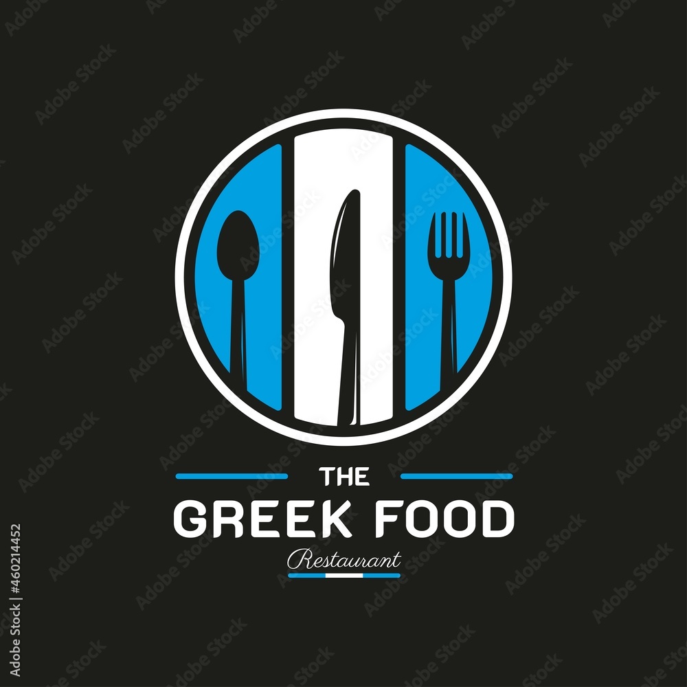 Greek Food Restaurant Logo. Greece flag symbol with Spoon, Fork, and Knife icons. Premium and Luxury Logo Design Greek Food Restaurant Logo. Greece flag symbol with Spoon, Fork, and Knife icons. Premium and Luxury Logo Design