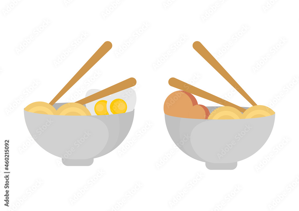 illustration of noodles and eggs, and noodles and meatballs in a bowl with chopsticks on it illustration of noodles and eggs, and noodles and meatballs in a bowl with chopsticks on it