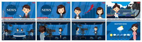 TV news studio of the station. Male and female newscasters sitting in studio. A reporter at the scene and a weather forecaster making a forecast.