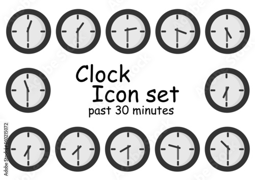 a collection of wall clock illustrations with past 30 minutes on every hour