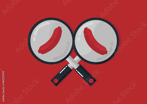 illustration of sausage being fried on frying pan with flat design theme