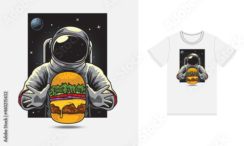 Astronaut eating burger illustration with tshirt design premium vector
