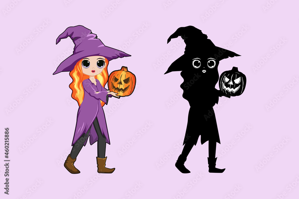 Cute witch hold Halloween pumpkin, for Halloween holiday, flat vector illustration
