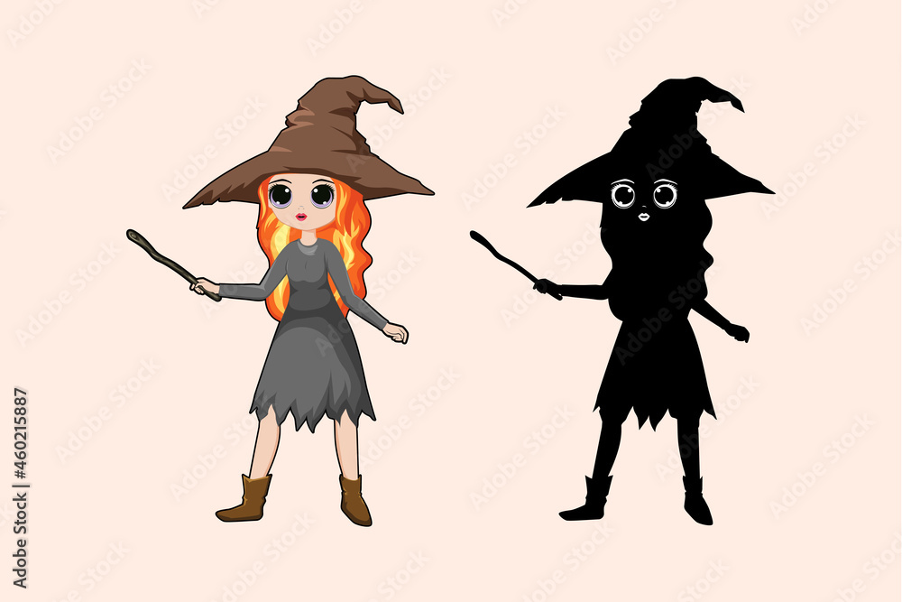 Cute witch hold magic wand, for Halloween holiday, flat vector illustration Cute witch hold magic wand, for Halloween holiday, flat vector illustration