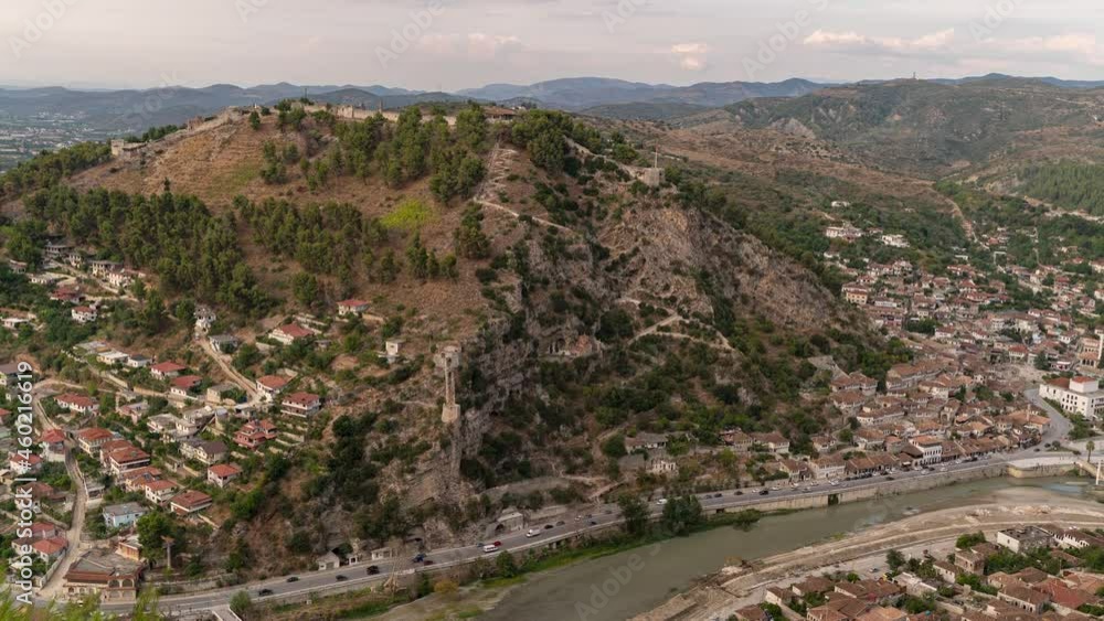 Stunning scenery high above historical Berat city in Albania - tilt timelapse shot Stunning scenery high above historical Berat city in Albania - tilt timelapse shot