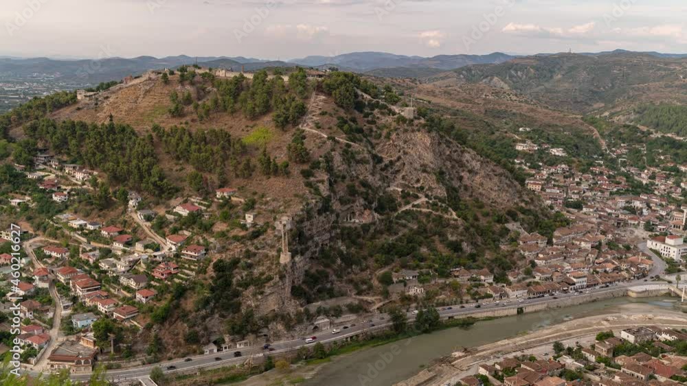 Slow pan high above Berat with hills and moving clouds - Timelapse view Slow pan high above Berat with hills and moving clouds - Timelapse view