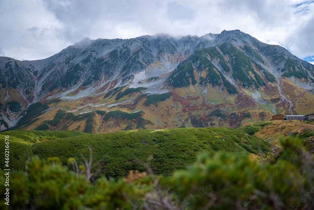 Fototapeta premium 富山県立山町の立山の秋の紅葉の季節に登山している風景 Scenery of climbing Tateyama Mountain in Tateyama Town, Toyama Prefecture, Japan during the season of autumn leaves.