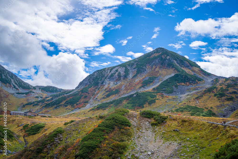 Fototapeta premium 富山県立山町の立山の秋の紅葉の季節に登山している風景 Scenery of climbing Tateyama Mountain in Tateyama Town, Toyama Prefecture, Japan during the season of autumn leaves. 