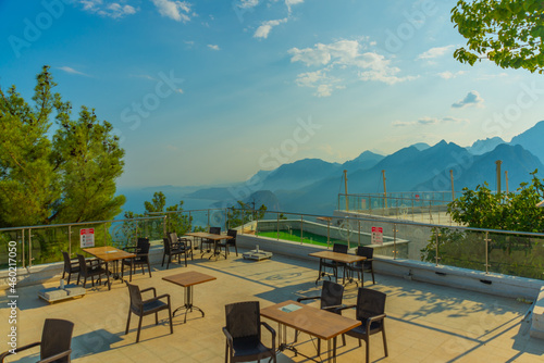 ANTALYA  TURKEY  Cafe at the top of the Cable car on Mount Tyunektepe on a sunny summer day.