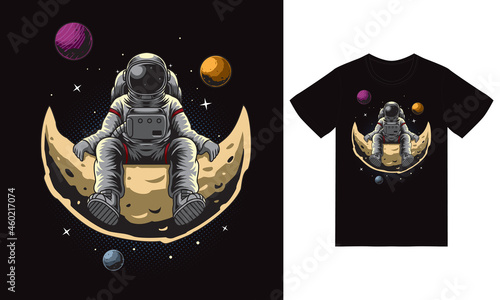 astronaut sitting on moon illustration with tshirt design premium vector