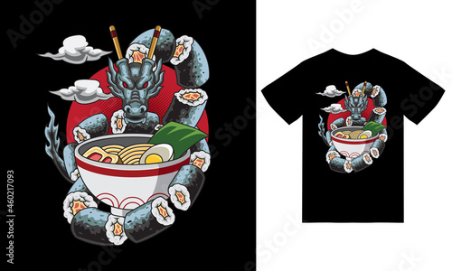 Dragon sushi ramen illustration with tshirt design premium vector