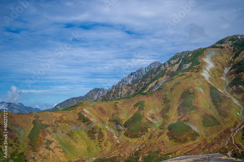 富山県立山町の立山の秋の紅葉の季節に登山している風景 Scenery of climbing Tateyama Mountain in Tateyama Town, Toyama Prefecture, Japan during the season of autumn leaves. 