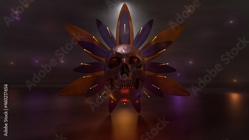 Artistic skull on dark background with prehispanic decorations for day of the dead or halloween . 3D illustration