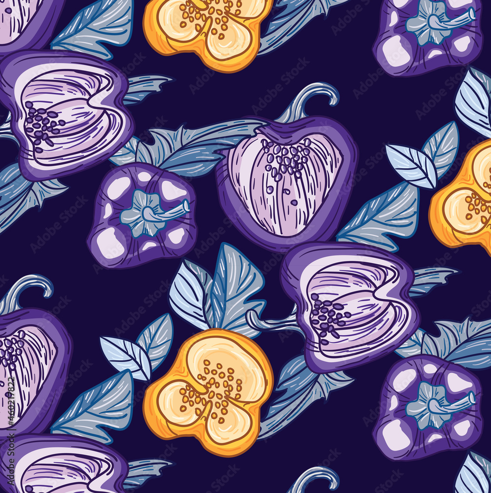 Vector pattern with food, fruits and leaves of pepper Vector pattern with food, fruits and leaves of pepper