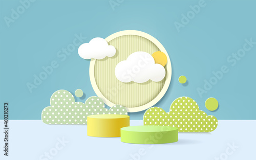 3d product podium, pastel color background, clouds, weather with empty space for kids or baby product.