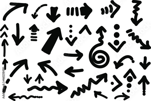 Hand drawn vector arrows set. Big set of flat arrows isolated on white background. Collection of concept arrows for web design, mobile apps, interface and more.