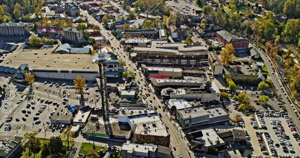 Gatlinburg Tennessee Aerial v5 birds eye view around space needle observation tower, tilt up
