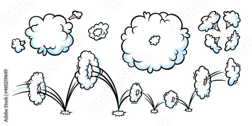 Comic boom smoke effect. Puff and jump clouds for surprising and explosive events. Vector illustartion isolated in white background