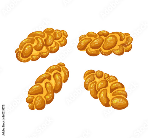 Challah, saturday bread on a white isolated background. Holiday jewish braided loaf . Vector cartoon illustration of food
