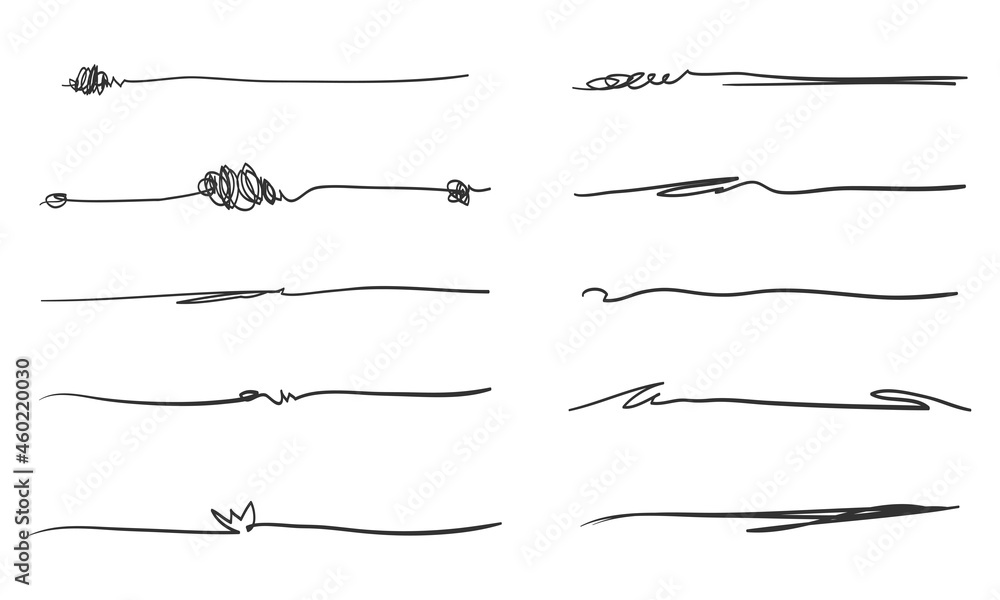 Set of hand drawn lines. Doodle design element with underline, scribble, swashes, swoops. swirl. vector illustration