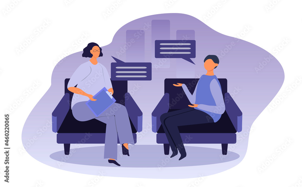 vector illustration on the theme of psychotherapy. a psychologist is talking with a young man, a teenager. trend illustration in flat style vector illustration on the theme of psychotherapy. a psychologist is talking with a young man, a teenager. trend illustration in flat style