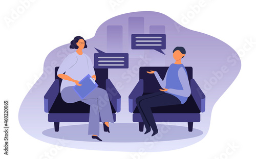 vector illustration on the theme of psychotherapy. a psychologist is talking with a young man, a teenager. trend illustration in flat style