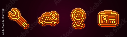 Set line Wrench spanner, Taximeter device, Location taxi car and driver license. Glowing neon icon. Vector